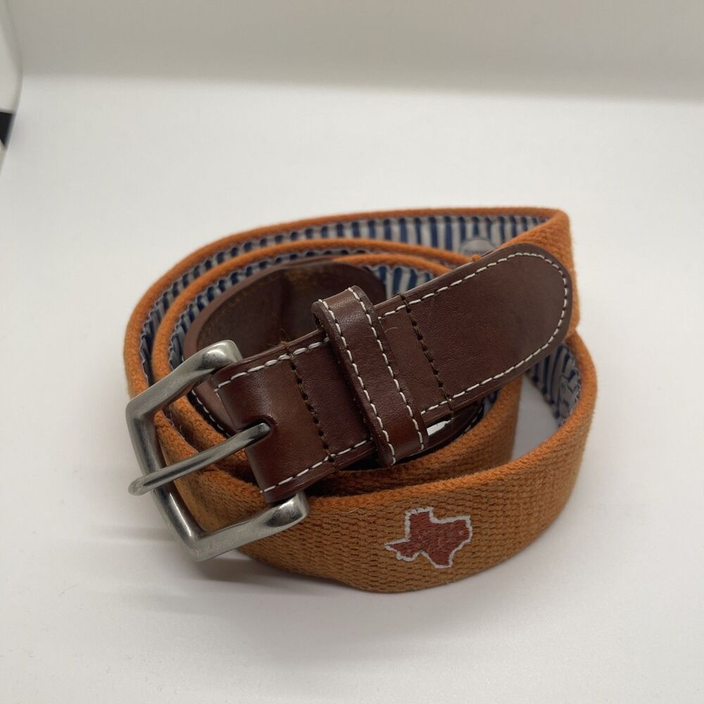 JT SPENCER Embroidered Belt Leather Canvas Brass  Size 44 preppy Texas Orange